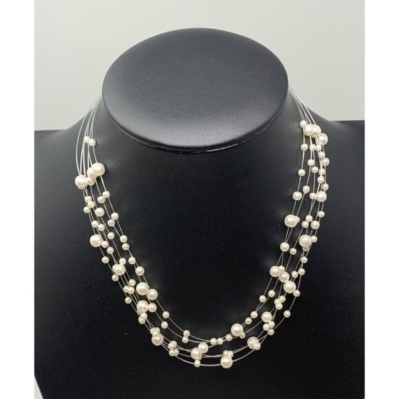 CHRISTINA Necklace Earring Jewelry Set White PEARL ILLUSION Party Gift Prom Adju - Picture 1 of 10